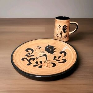 Set 2 Vintage Pennsbury Pottery USA Black Rooster 10" Dinner Plate & Coffee Cup